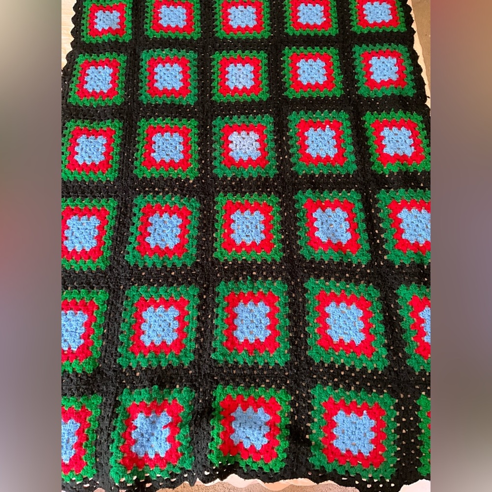 Vintage handmade crochet granny squares afghan Blue Red Green Black  50in X 67in